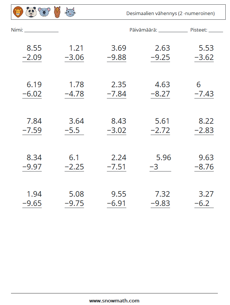 (25) Desimaalien vähennys (2 -numeroinen) Matematiikan laskentataulukot 10