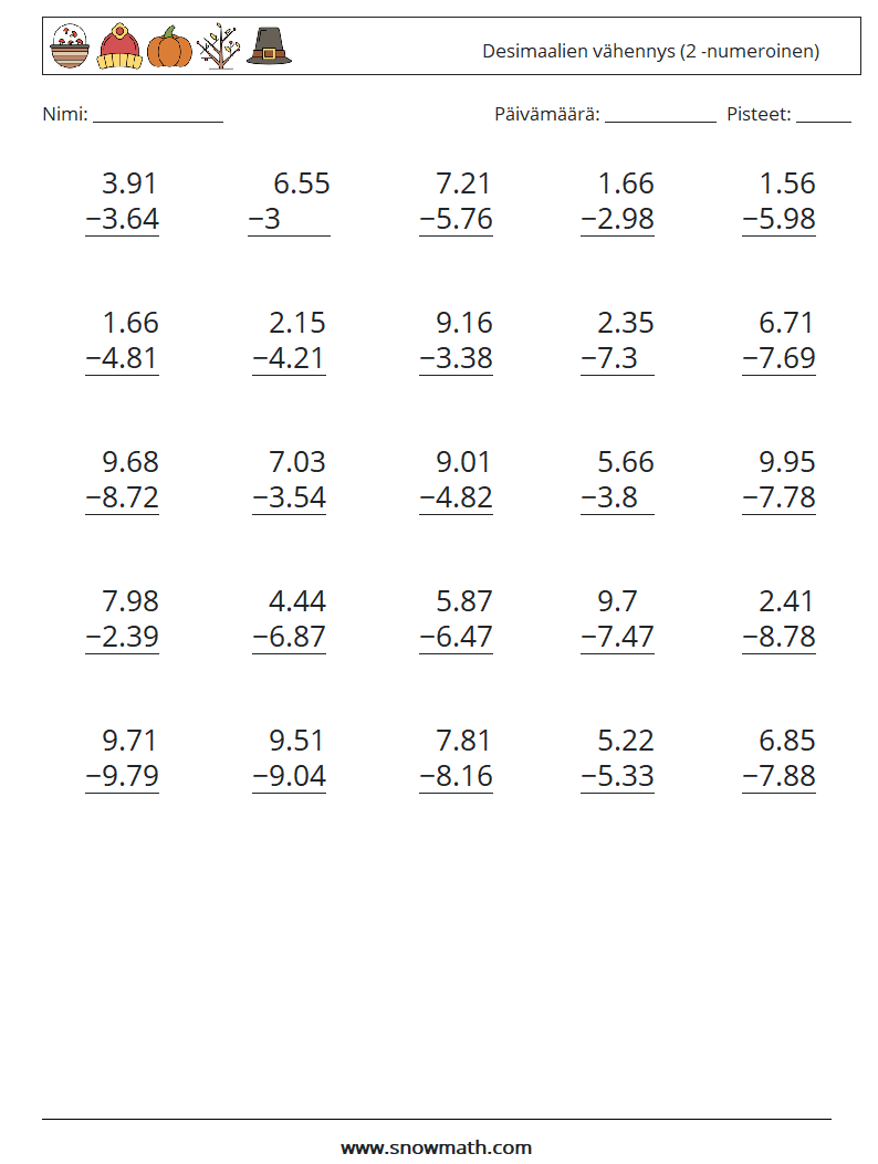 (25) Desimaalien vähennys (2 -numeroinen) Matematiikan laskentataulukot 13