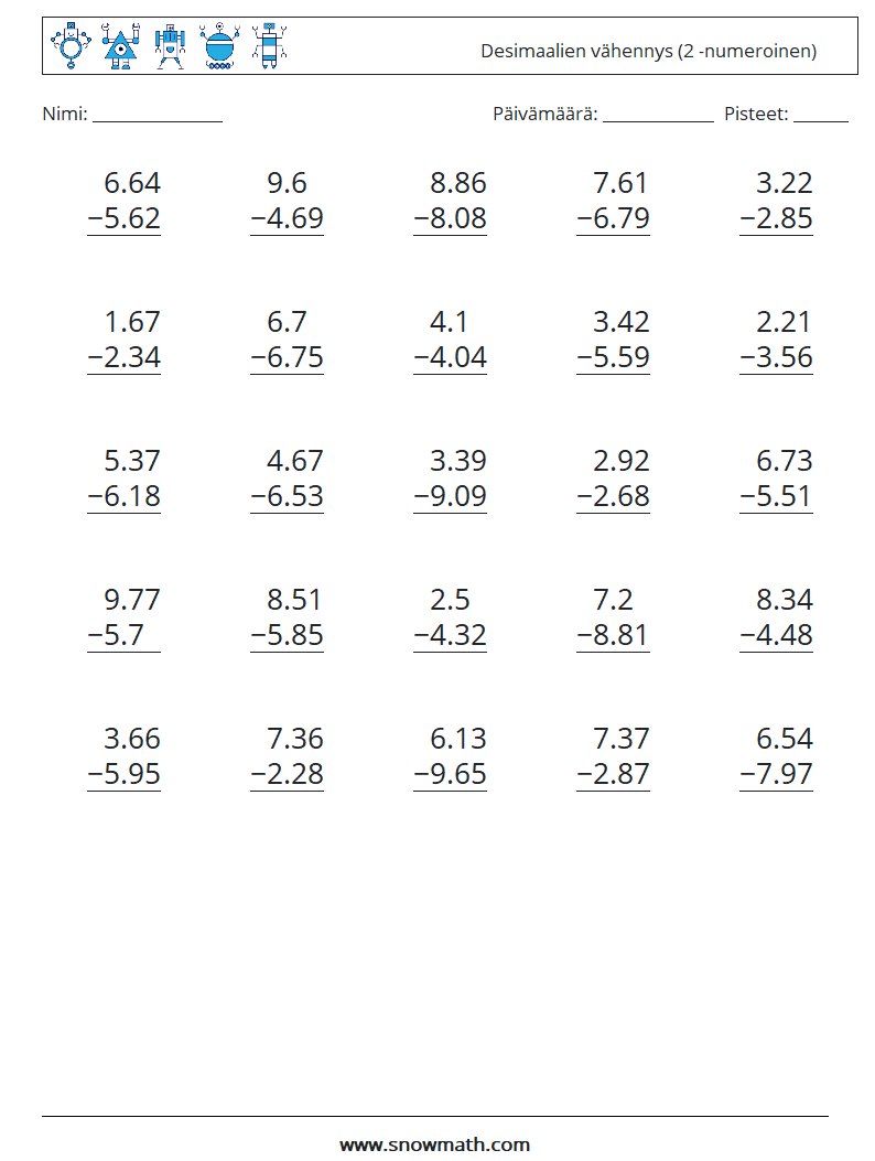 (25) Desimaalien vähennys (2 -numeroinen) Matematiikan laskentataulukot 15