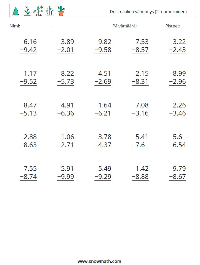 (25) Desimaalien vähennys (2 -numeroinen) Matematiikan laskentataulukot 16