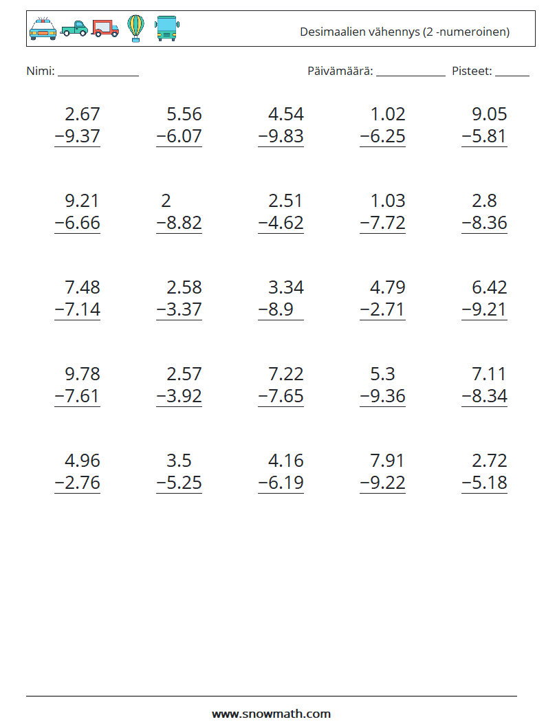 (25) Desimaalien vähennys (2 -numeroinen) Matematiikan laskentataulukot 18