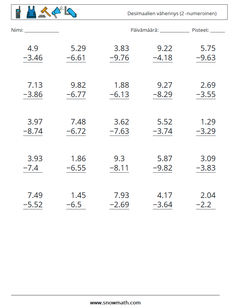 (25) Desimaalien vähennys (2 -numeroinen) Matematiikan laskentataulukot 2