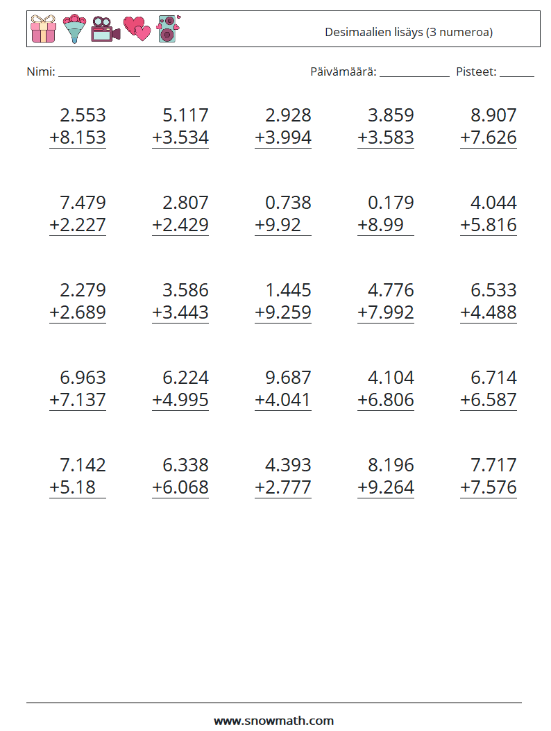 (25) Desimaalien lisäys (3 numeroa) Matematiikan laskentataulukot 10