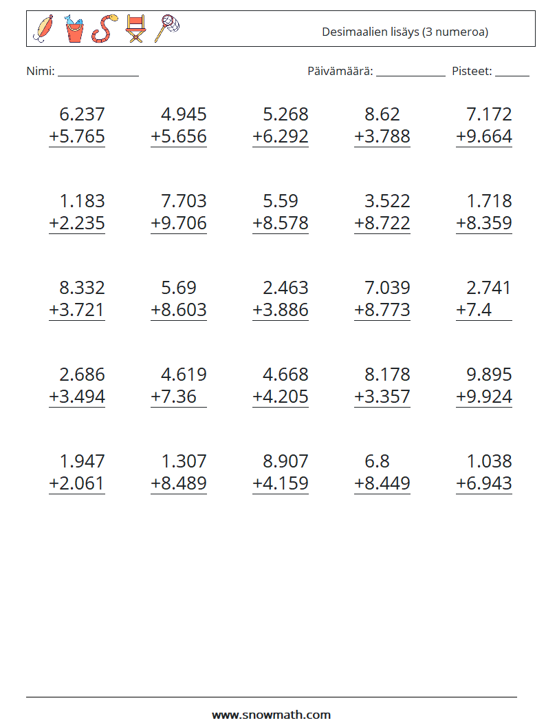 (25) Desimaalien lisäys (3 numeroa) Matematiikan laskentataulukot 12