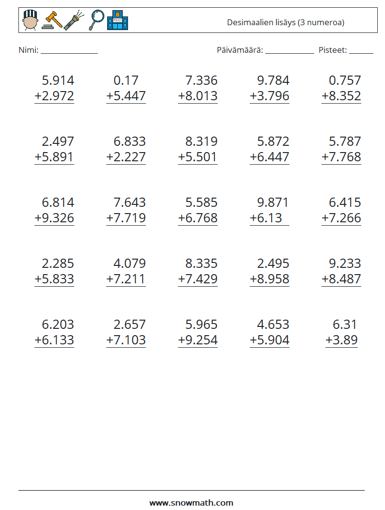 (25) Desimaalien lisäys (3 numeroa) Matematiikan laskentataulukot 14