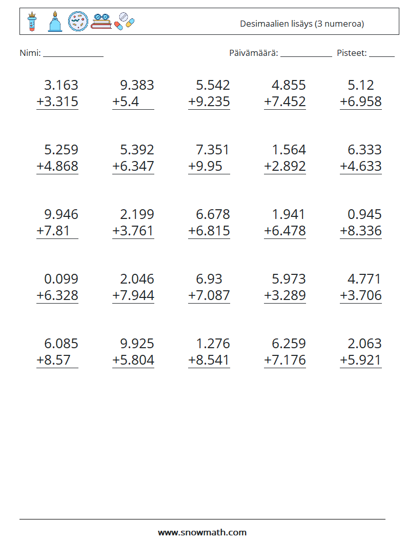 (25) Desimaalien lisäys (3 numeroa) Matematiikan laskentataulukot 16