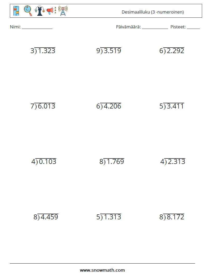 (12) Desimaaliluku (3 -numeroinen) Matematiikan laskentataulukot 1