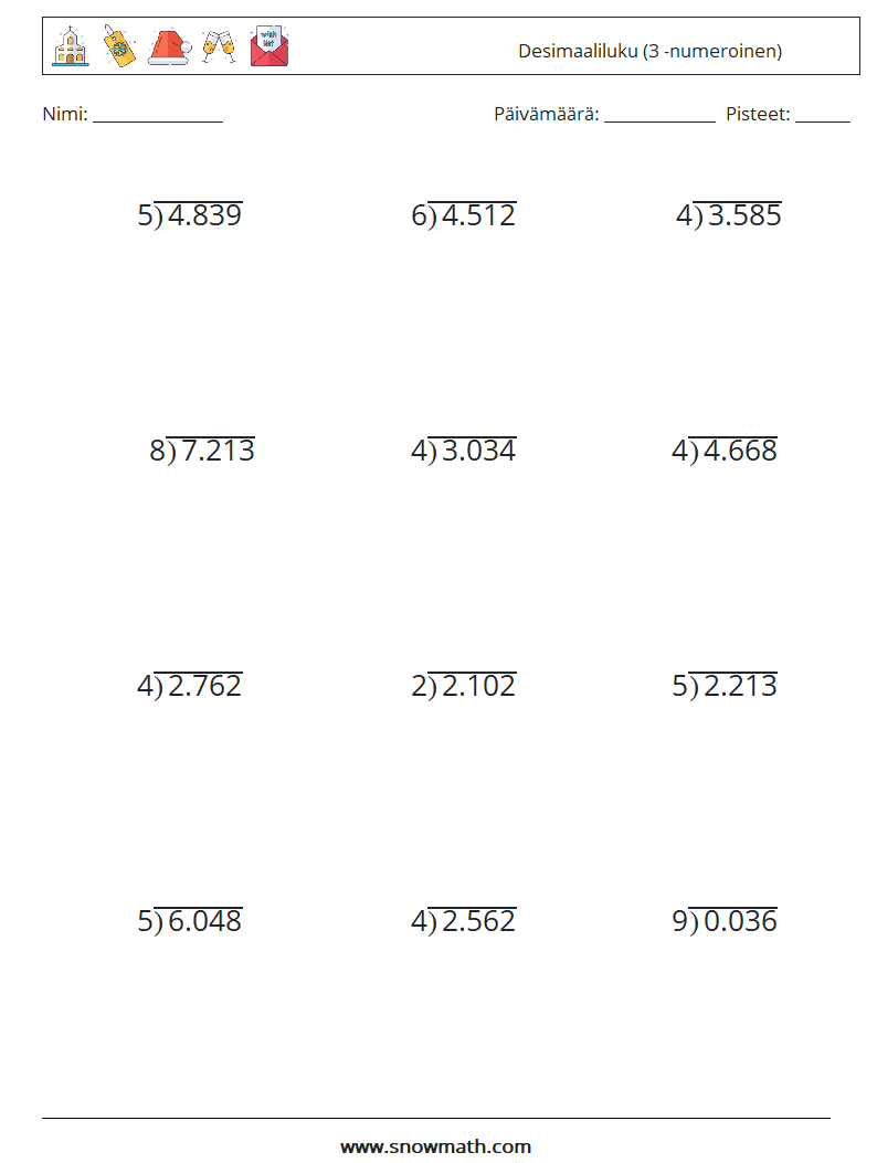 (12) Desimaaliluku (3 -numeroinen) Matematiikan laskentataulukot 10