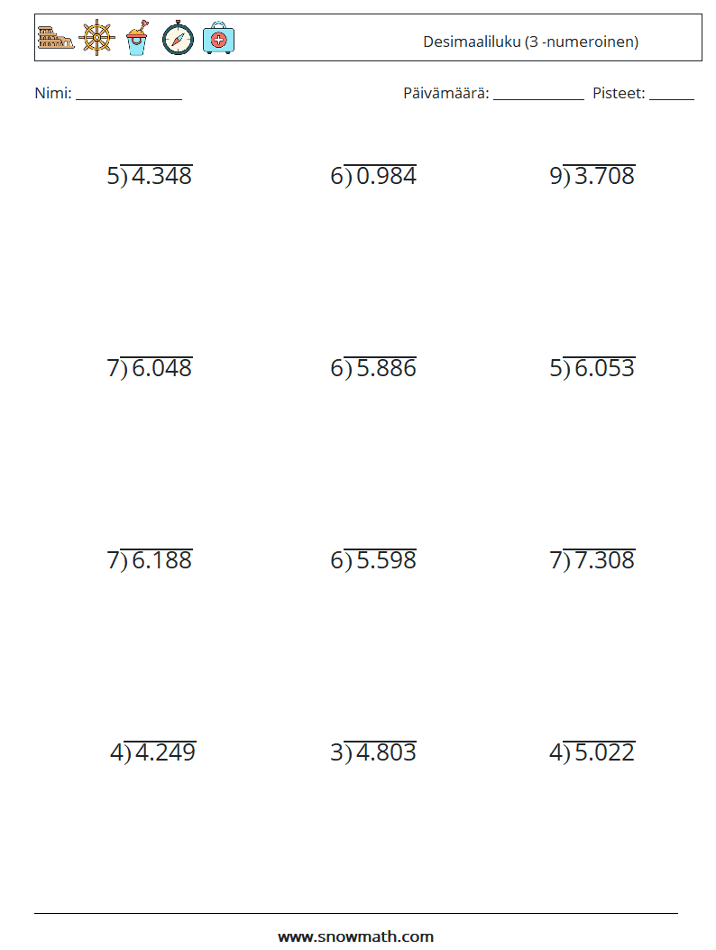 (12) Desimaaliluku (3 -numeroinen) Matematiikan laskentataulukot 12