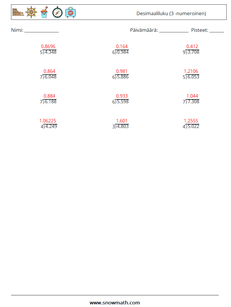 (12) Desimaaliluku (3 -numeroinen) Matematiikan laskentataulukot 12 Kysymys, vastaus