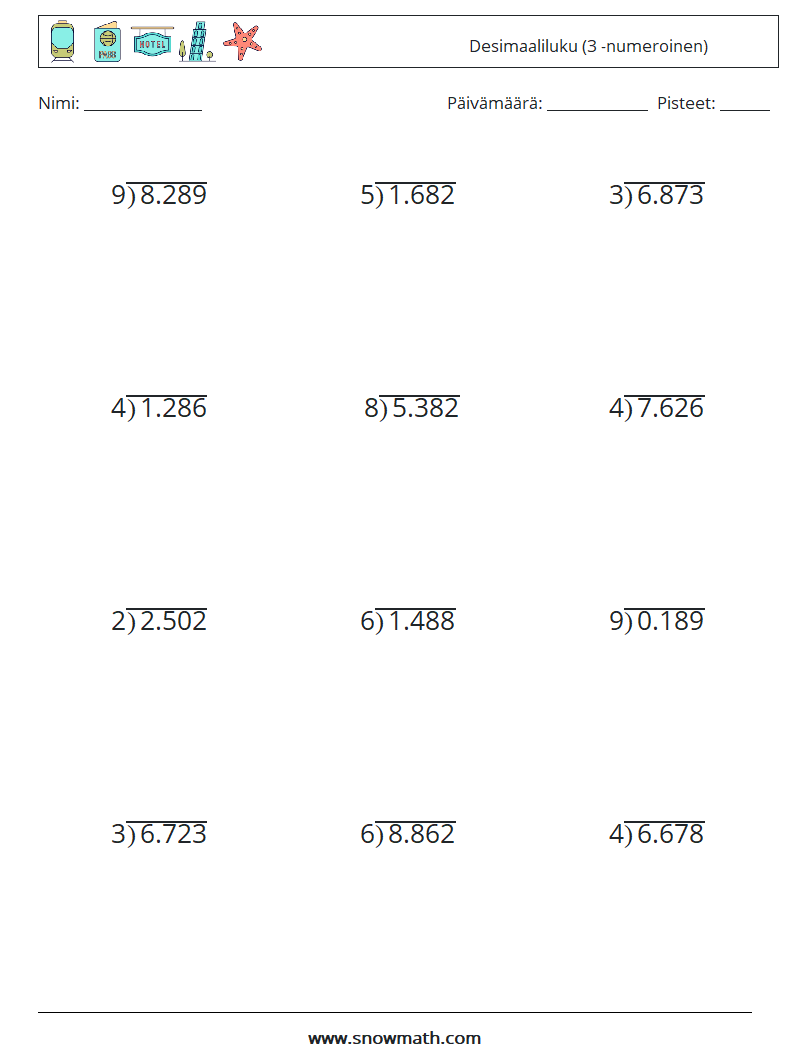 (12) Desimaaliluku (3 -numeroinen) Matematiikan laskentataulukot 13