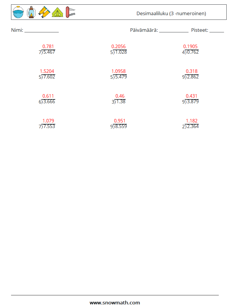 (12) Desimaaliluku (3 -numeroinen) Matematiikan laskentataulukot 14 Kysymys, vastaus