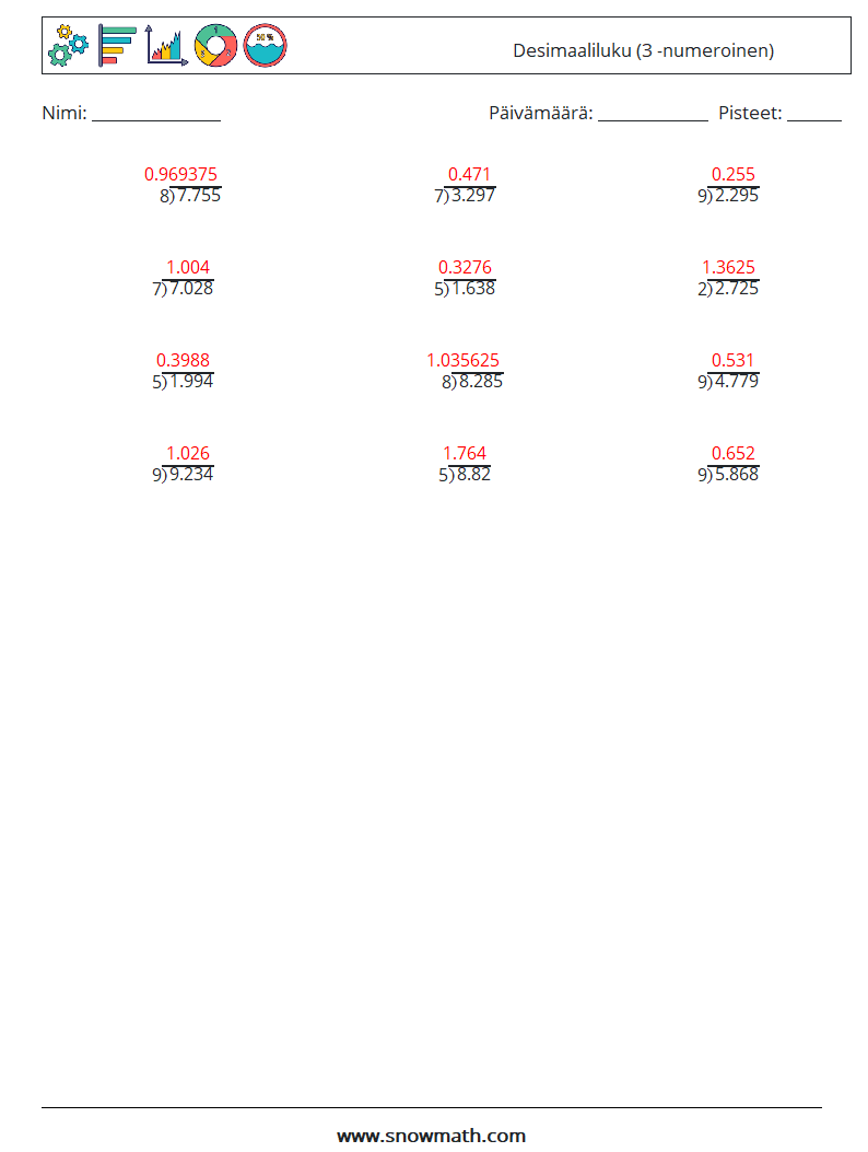 (12) Desimaaliluku (3 -numeroinen) Matematiikan laskentataulukot 15 Kysymys, vastaus