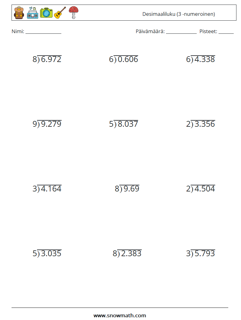(12) Desimaaliluku (3 -numeroinen) Matematiikan laskentataulukot 16