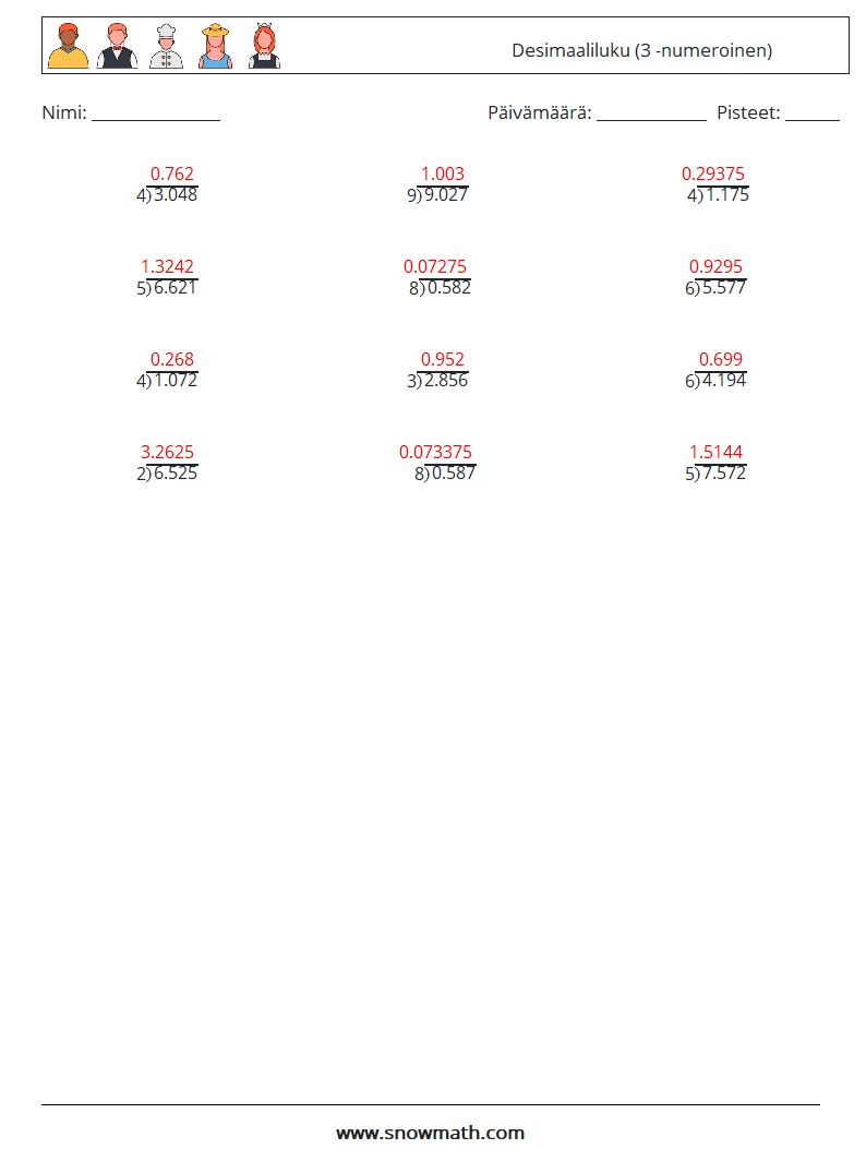 (12) Desimaaliluku (3 -numeroinen) Matematiikan laskentataulukot 17 Kysymys, vastaus