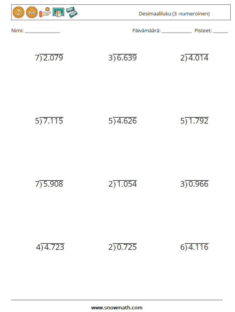 (12) Desimaaliluku (3 -numeroinen) Matematiikan laskentataulukot 18