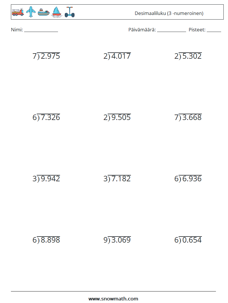 (12) Desimaaliluku (3 -numeroinen) Matematiikan laskentataulukot 2