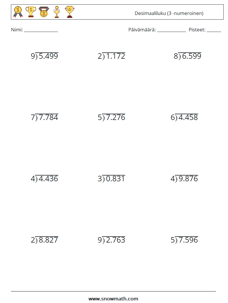 (12) Desimaaliluku (3 -numeroinen) Matematiikan laskentataulukot 9