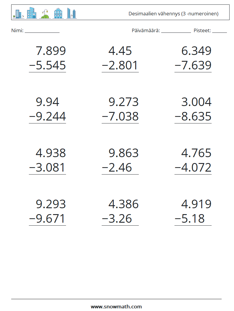 (12) Desimaalien vähennys (3 -numeroinen) Matematiikan laskentataulukot 1