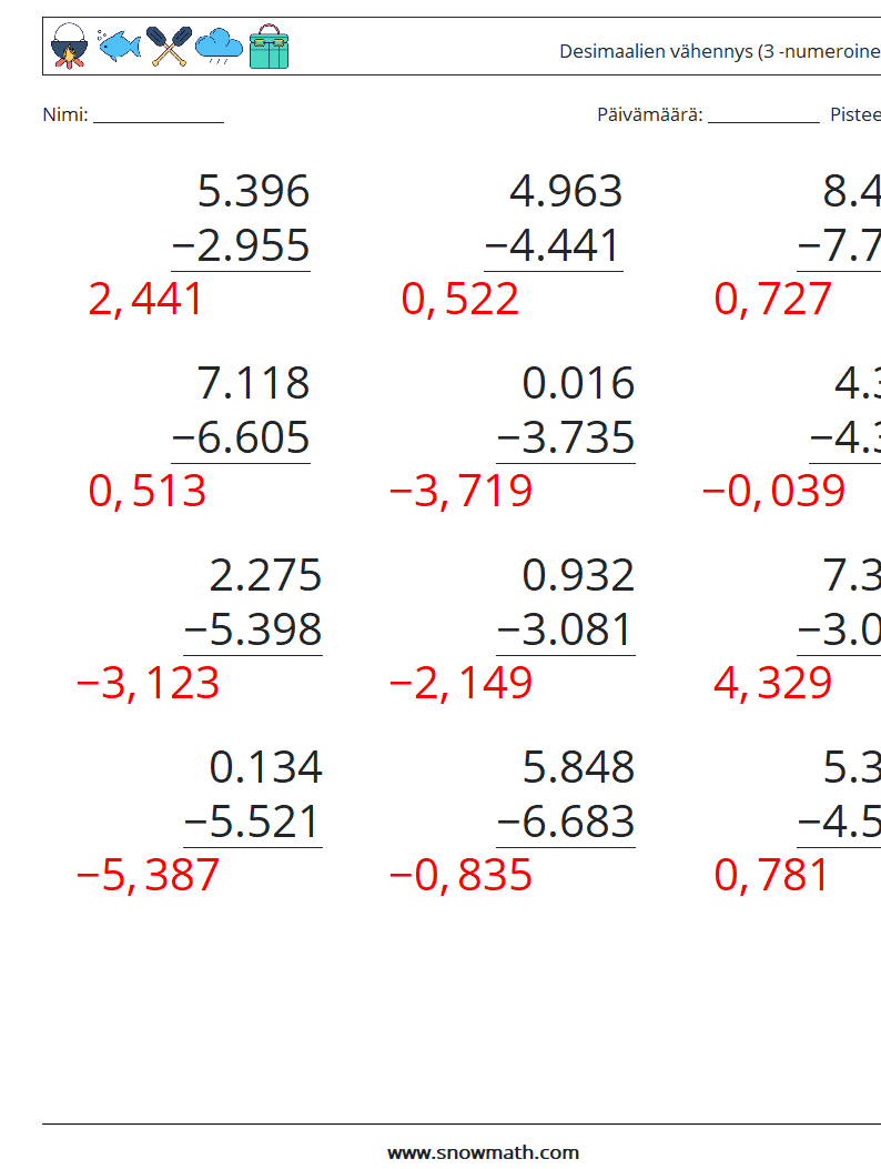 (12) Desimaalien vähennys (3 -numeroinen) Matematiikan laskentataulukot 13 Kysymys, vastaus