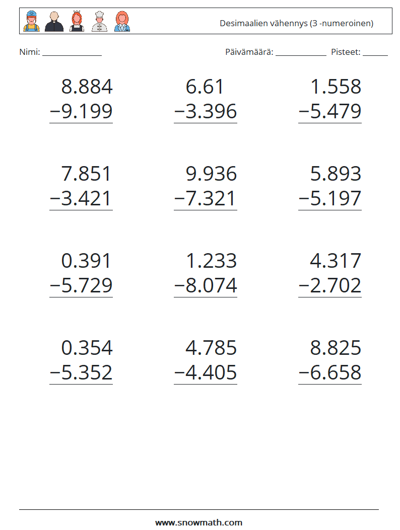 (12) Desimaalien vähennys (3 -numeroinen) Matematiikan laskentataulukot 4