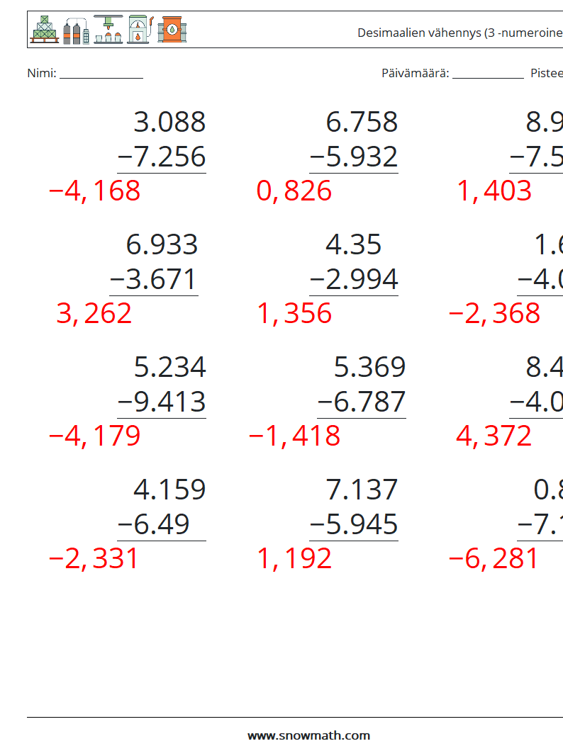 (12) Desimaalien vähennys (3 -numeroinen) Matematiikan laskentataulukot 7 Kysymys, vastaus