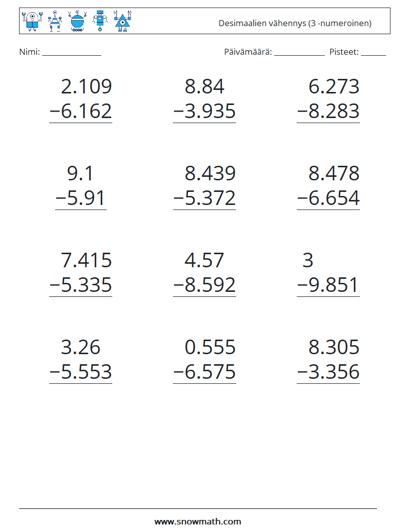 (12) Desimaalien vähennys (3 -numeroinen) Matematiikan laskentataulukot 8