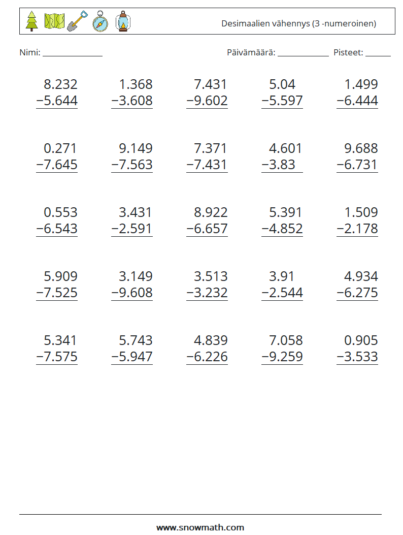 (25) Desimaalien vähennys (3 -numeroinen) Matematiikan laskentataulukot 17