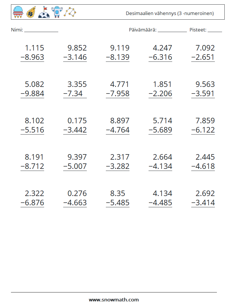 (25) Desimaalien vähennys (3 -numeroinen) Matematiikan laskentataulukot 3