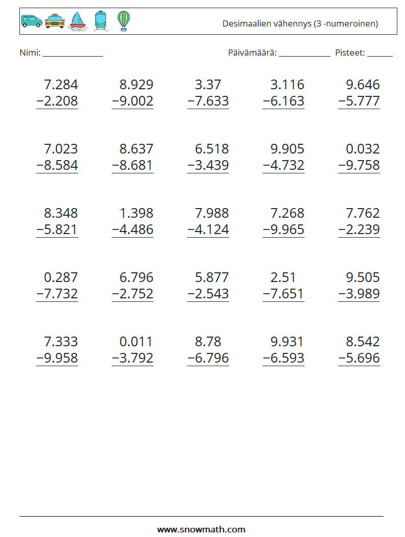 (25) Desimaalien vähennys (3 -numeroinen) Matematiikan laskentataulukot 7