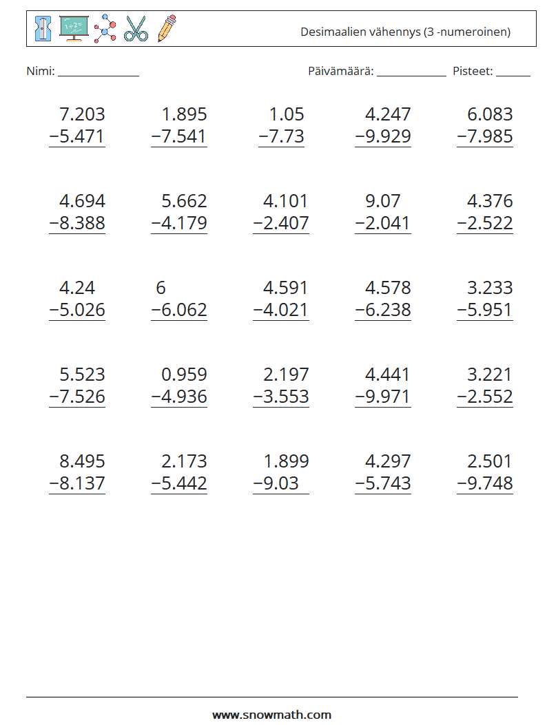 (25) Desimaalien vähennys (3 -numeroinen) Matematiikan laskentataulukot 9