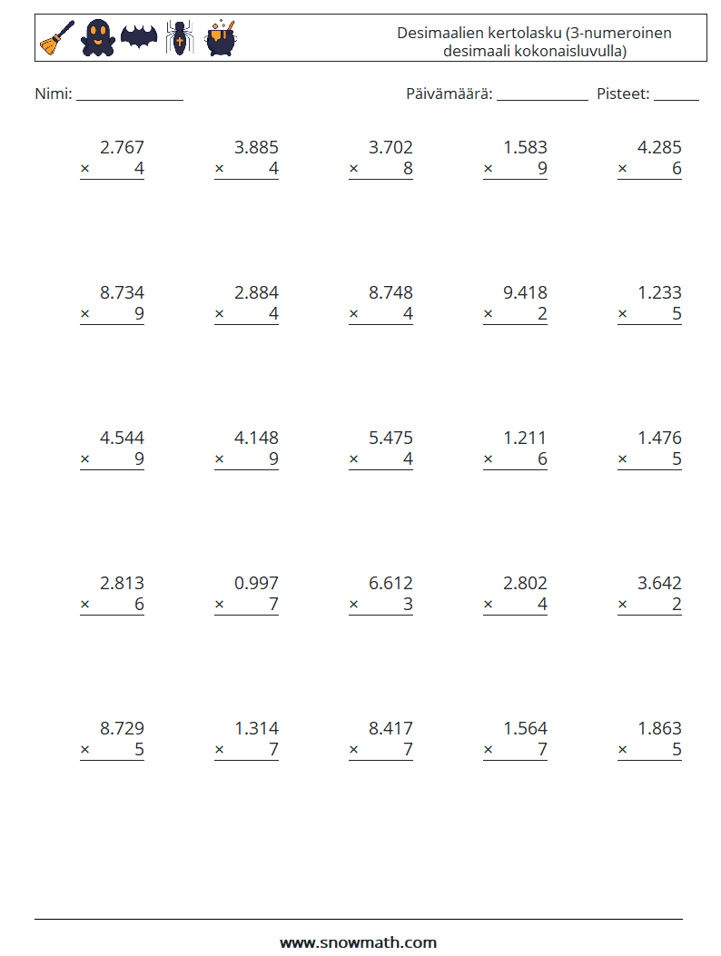 (25) Desimaalien kertolasku (3-numeroinen desimaali kokonaisluvulla) Matematiikan laskentataulukot 1