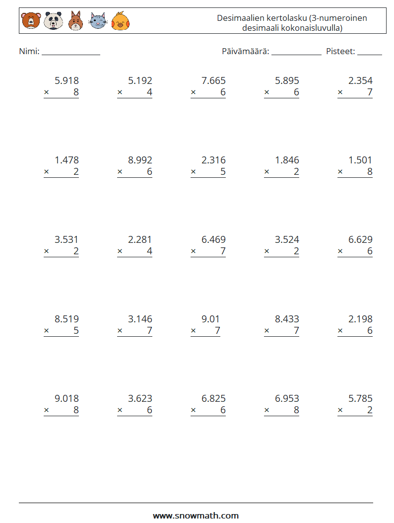 (25) Desimaalien kertolasku (3-numeroinen desimaali kokonaisluvulla) Matematiikan laskentataulukot 10