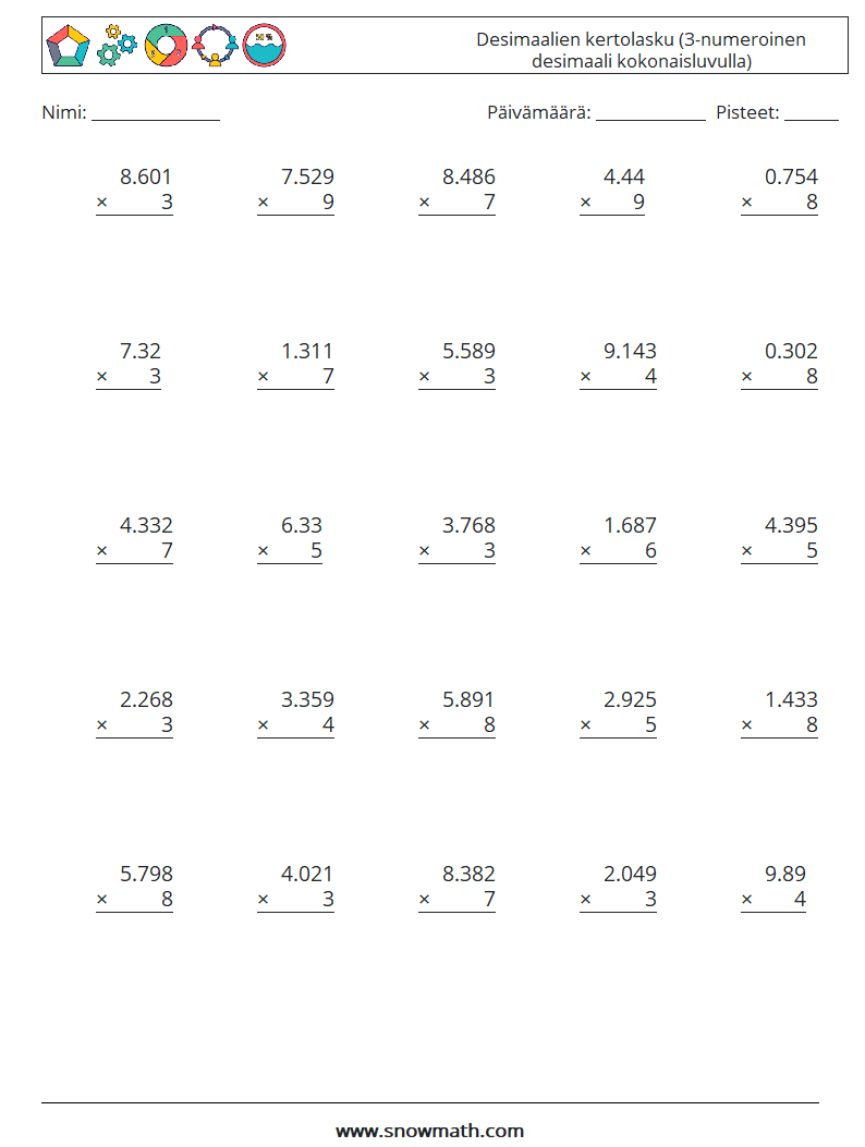 (25) Desimaalien kertolasku (3-numeroinen desimaali kokonaisluvulla) Matematiikan laskentataulukot 12