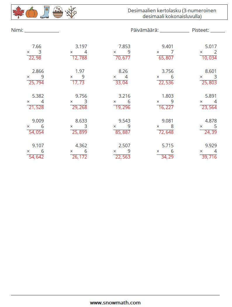 (25) Desimaalien kertolasku (3-numeroinen desimaali kokonaisluvulla) Matematiikan laskentataulukot 13 Kysymys, vastaus