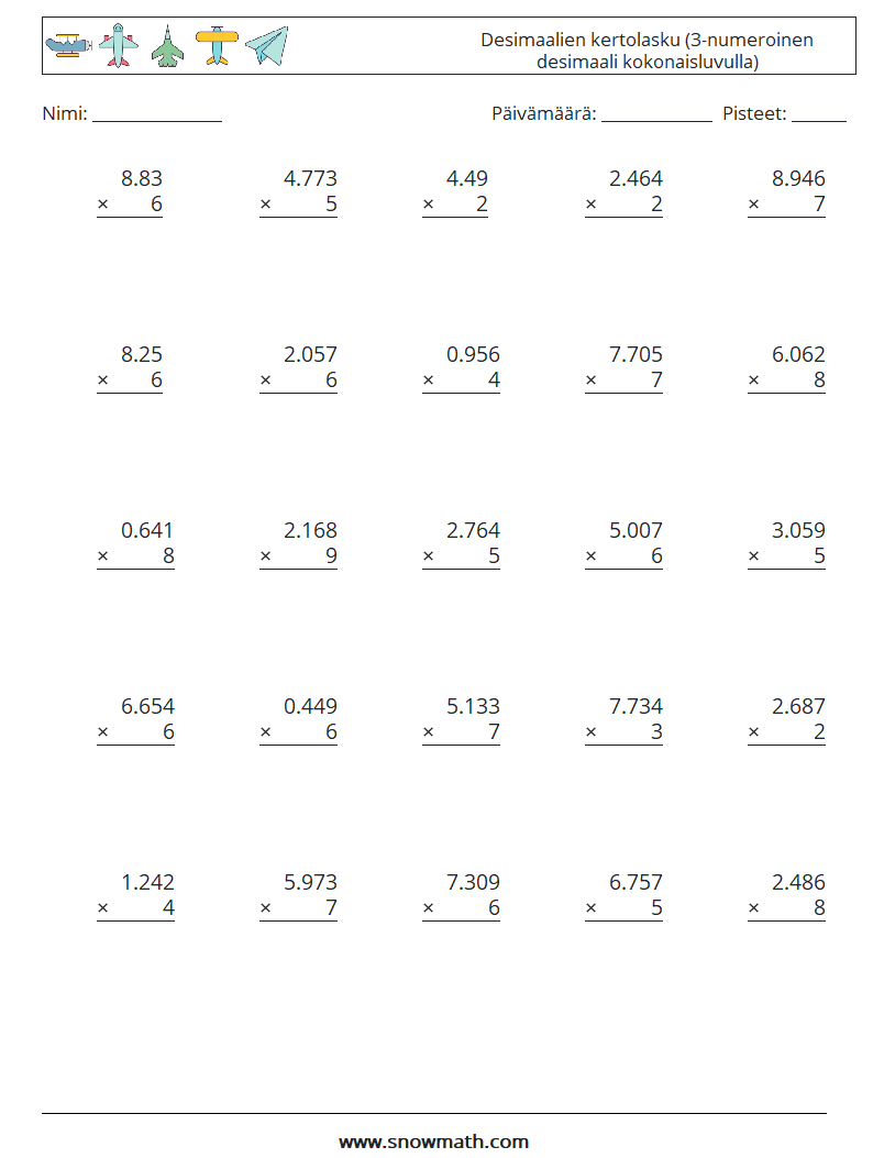 (25) Desimaalien kertolasku (3-numeroinen desimaali kokonaisluvulla) Matematiikan laskentataulukot 14