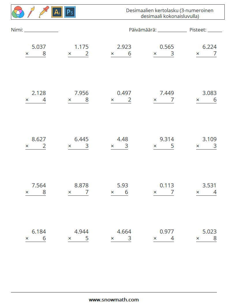 (25) Desimaalien kertolasku (3-numeroinen desimaali kokonaisluvulla) Matematiikan laskentataulukot 15