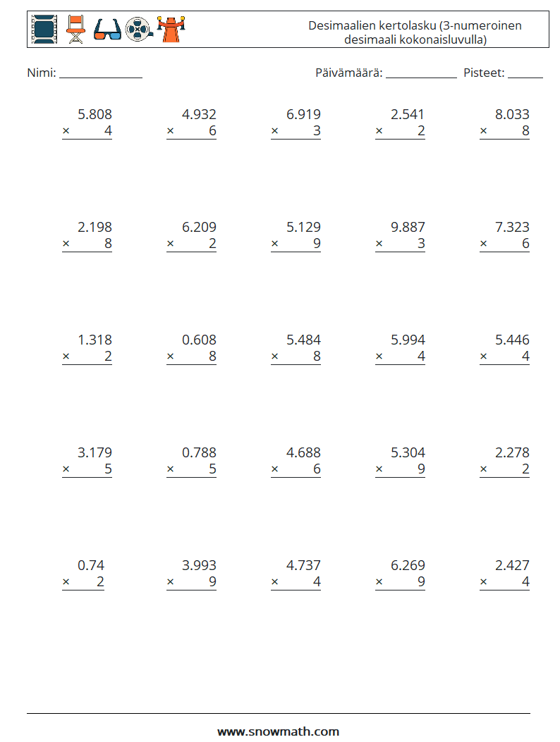 (25) Desimaalien kertolasku (3-numeroinen desimaali kokonaisluvulla) Matematiikan laskentataulukot 17