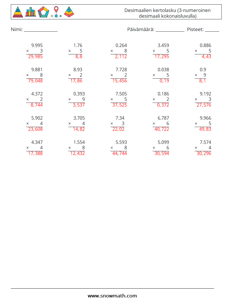 (25) Desimaalien kertolasku (3-numeroinen desimaali kokonaisluvulla) Matematiikan laskentataulukot 18 Kysymys, vastaus