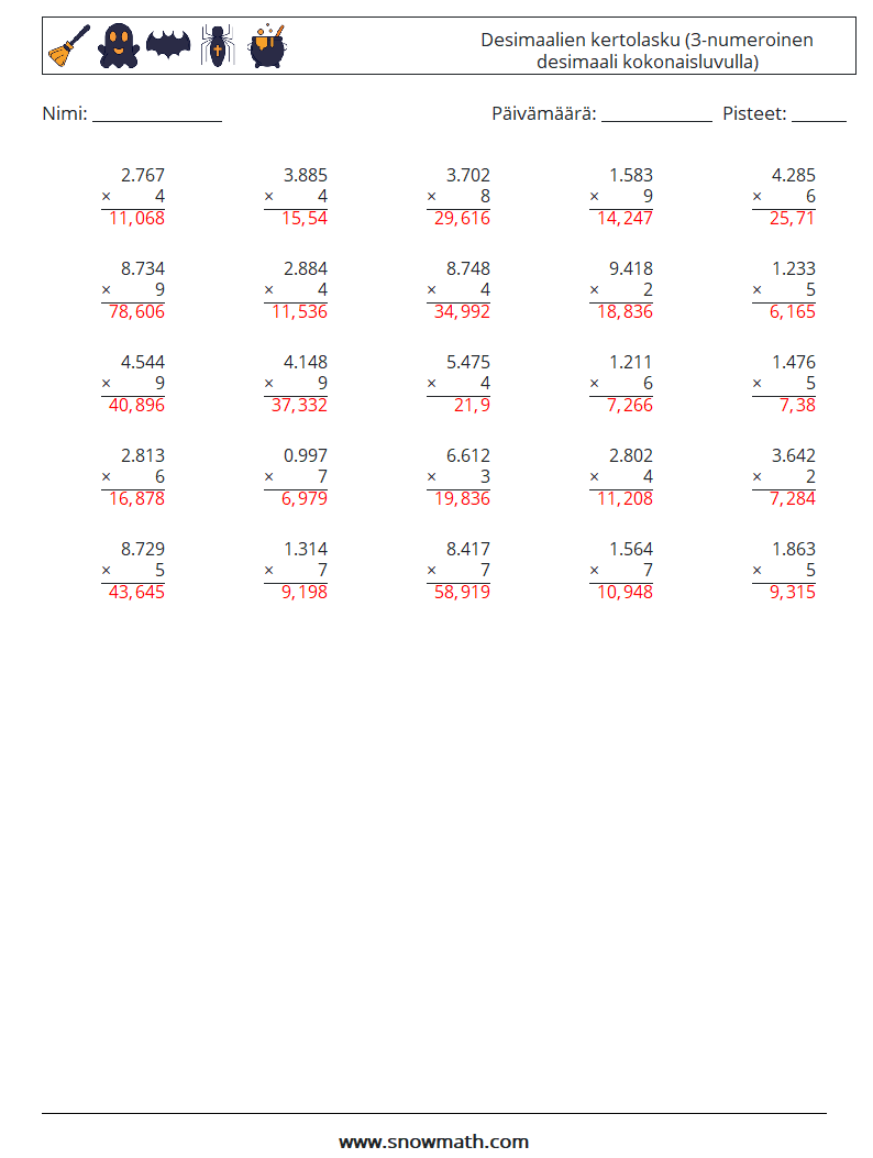 (25) Desimaalien kertolasku (3-numeroinen desimaali kokonaisluvulla) Matematiikan laskentataulukot 1 Kysymys, vastaus