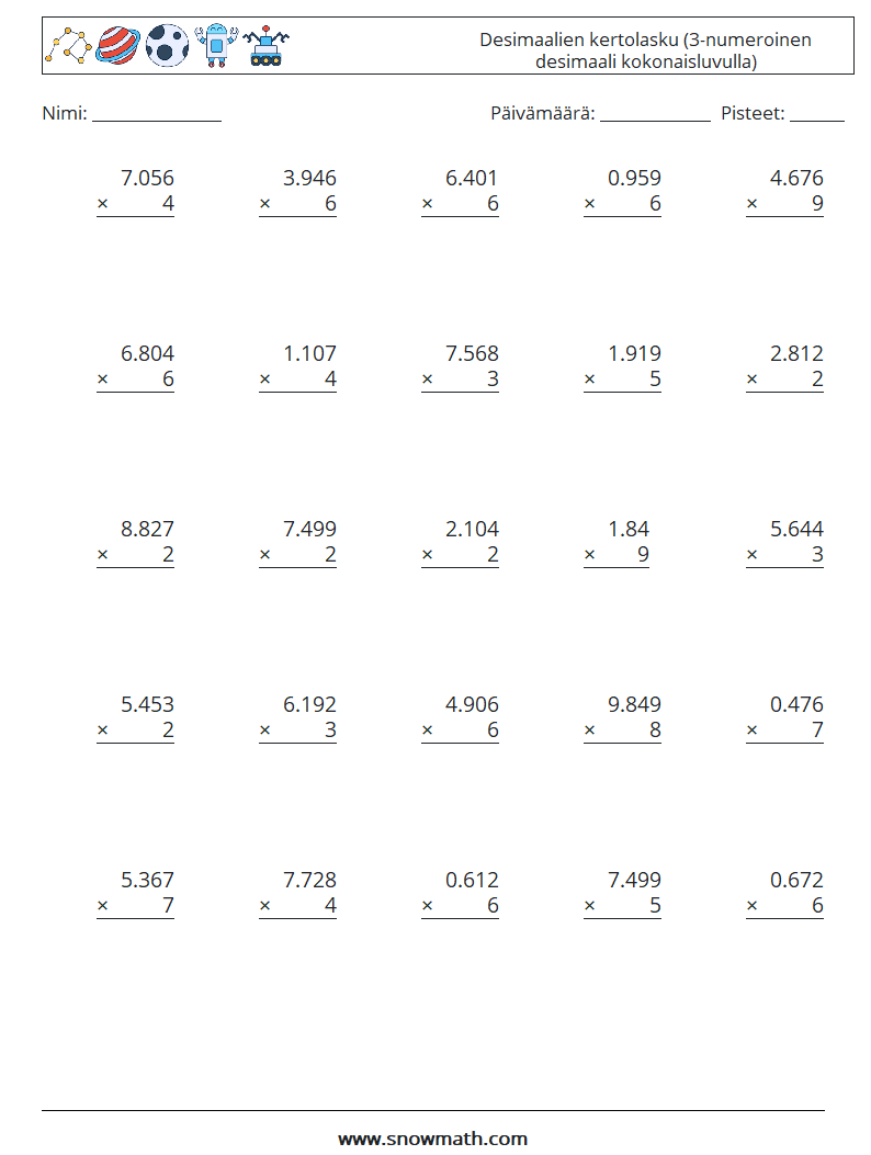 (25) Desimaalien kertolasku (3-numeroinen desimaali kokonaisluvulla) Matematiikan laskentataulukot 2