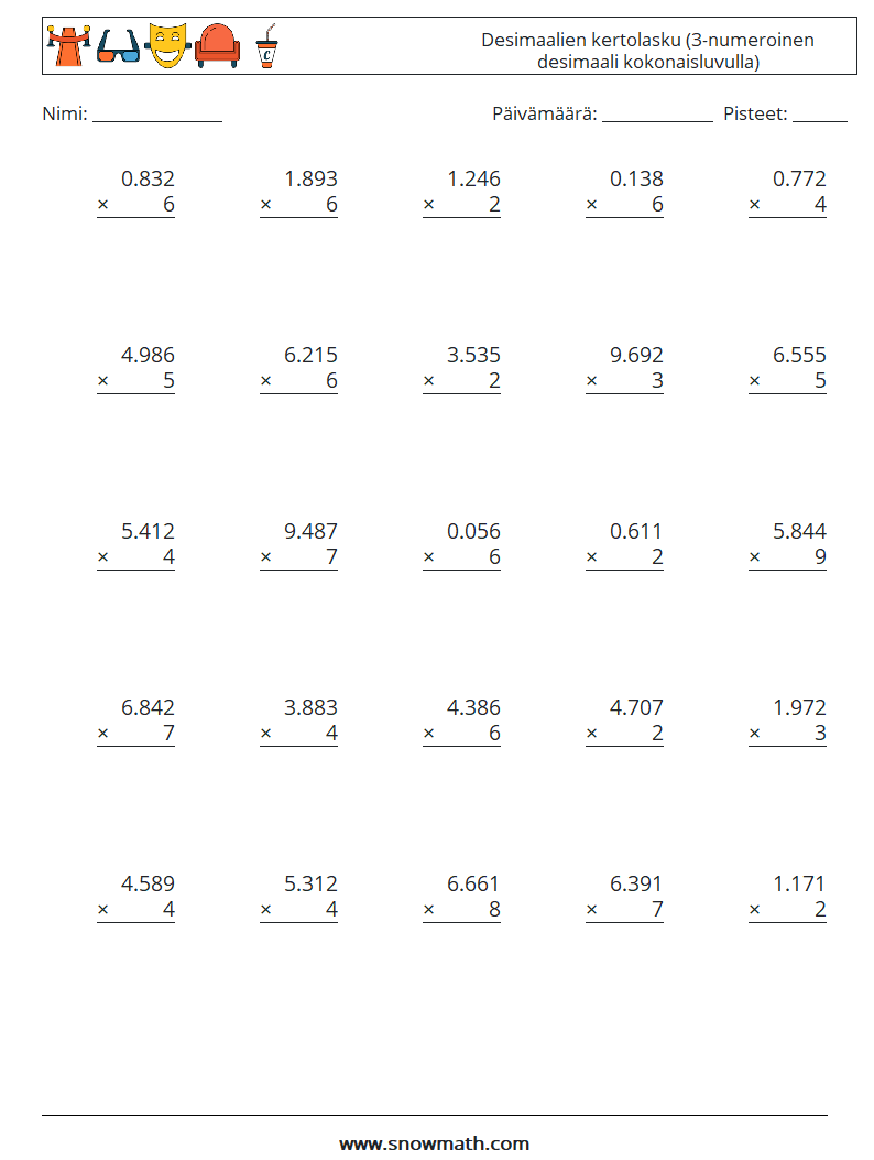 (25) Desimaalien kertolasku (3-numeroinen desimaali kokonaisluvulla) Matematiikan laskentataulukot 3