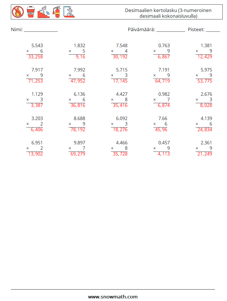 (25) Desimaalien kertolasku (3-numeroinen desimaali kokonaisluvulla) Matematiikan laskentataulukot 4 Kysymys, vastaus