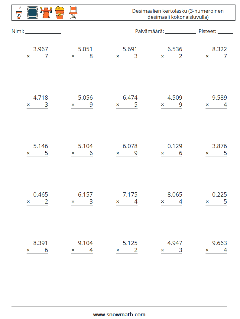 (25) Desimaalien kertolasku (3-numeroinen desimaali kokonaisluvulla) Matematiikan laskentataulukot 5