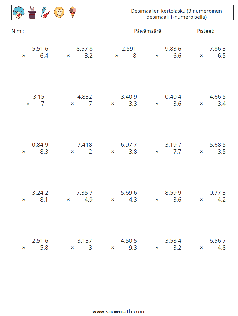 (25) Desimaalien kertolasku (3-numeroinen desimaali 1-numeroisella) Matematiikan laskentataulukot 1