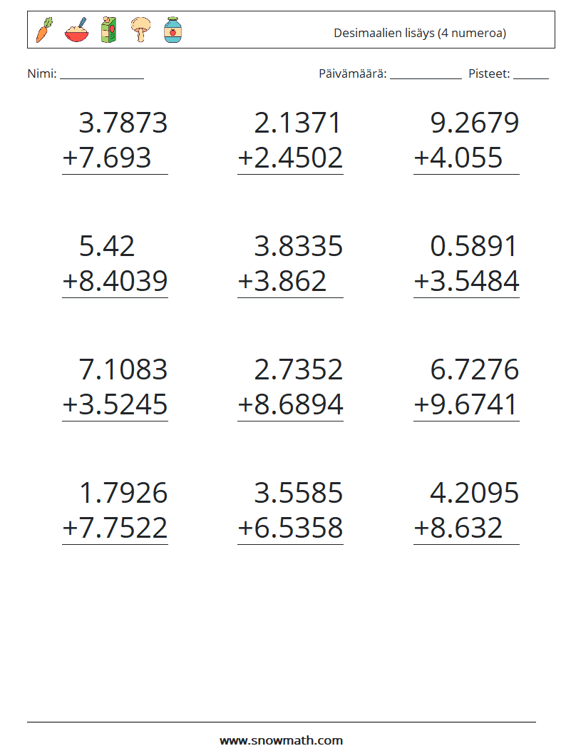 (12) Desimaalien lisäys (4 numeroa) Matematiikan laskentataulukot 1