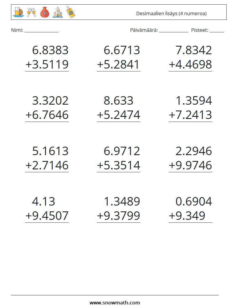 (12) Desimaalien lisäys (4 numeroa) Matematiikan laskentataulukot 12