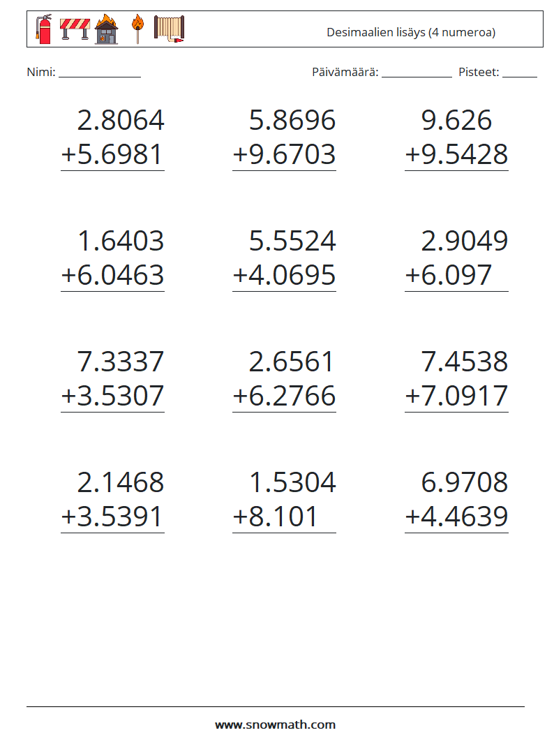 (12) Desimaalien lisäys (4 numeroa) Matematiikan laskentataulukot 13