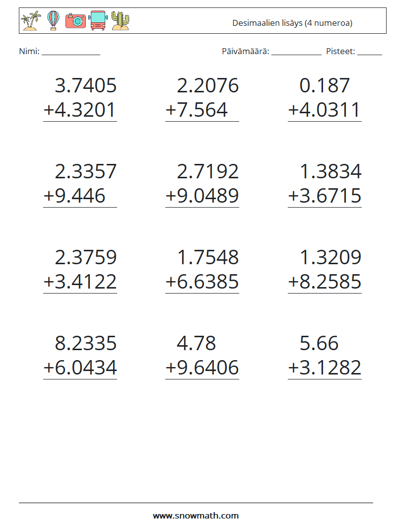 (12) Desimaalien lisäys (4 numeroa) Matematiikan laskentataulukot 14