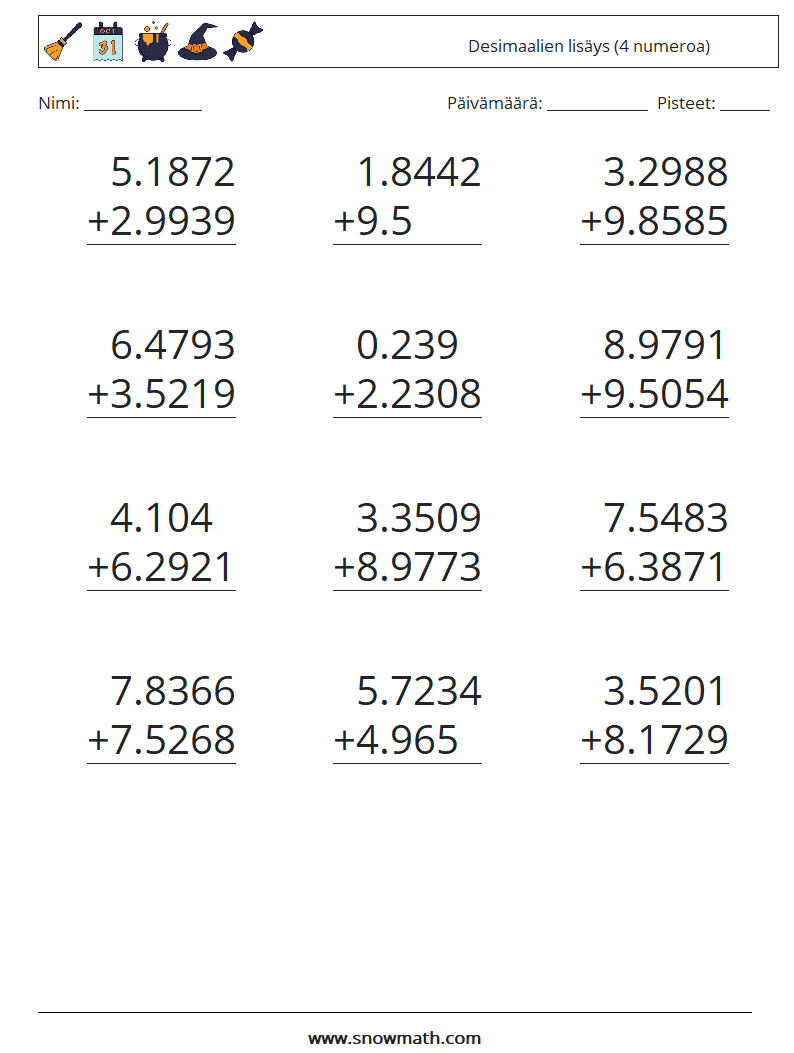 (12) Desimaalien lisäys (4 numeroa) Matematiikan laskentataulukot 17